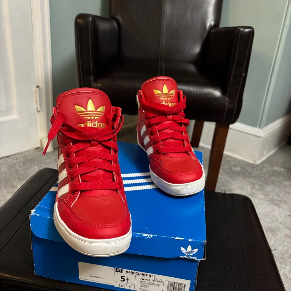 Adidas “Big Kids” Red and White Hi-Top Sneakers